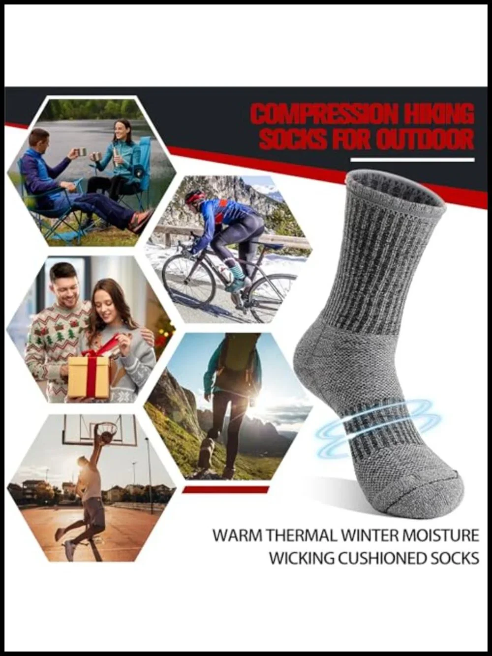 5 Pack Merino Wool Thermal Hiking Socks for Men Women Moisture Wicking Cushion
